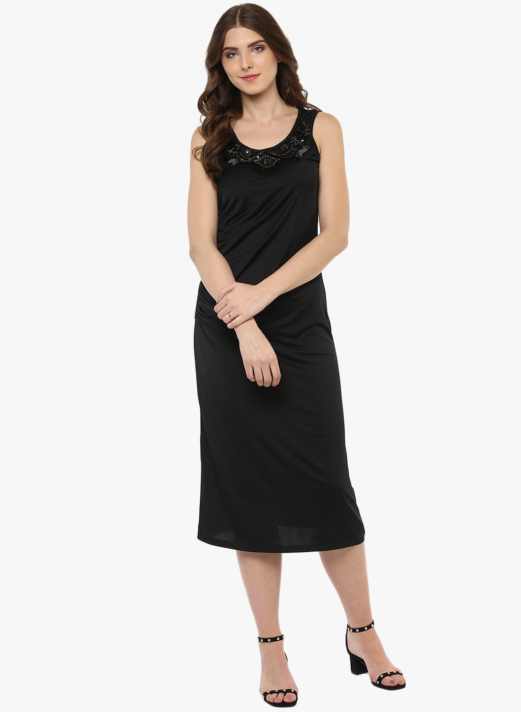 PORSORTE Women's Polyester Black Neck Embroidered Dress - www.porsorte.in